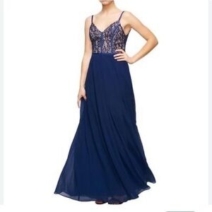 Fame and Partners Navy Grosgrain Piped Lace Bodice Evening Dress Size 8